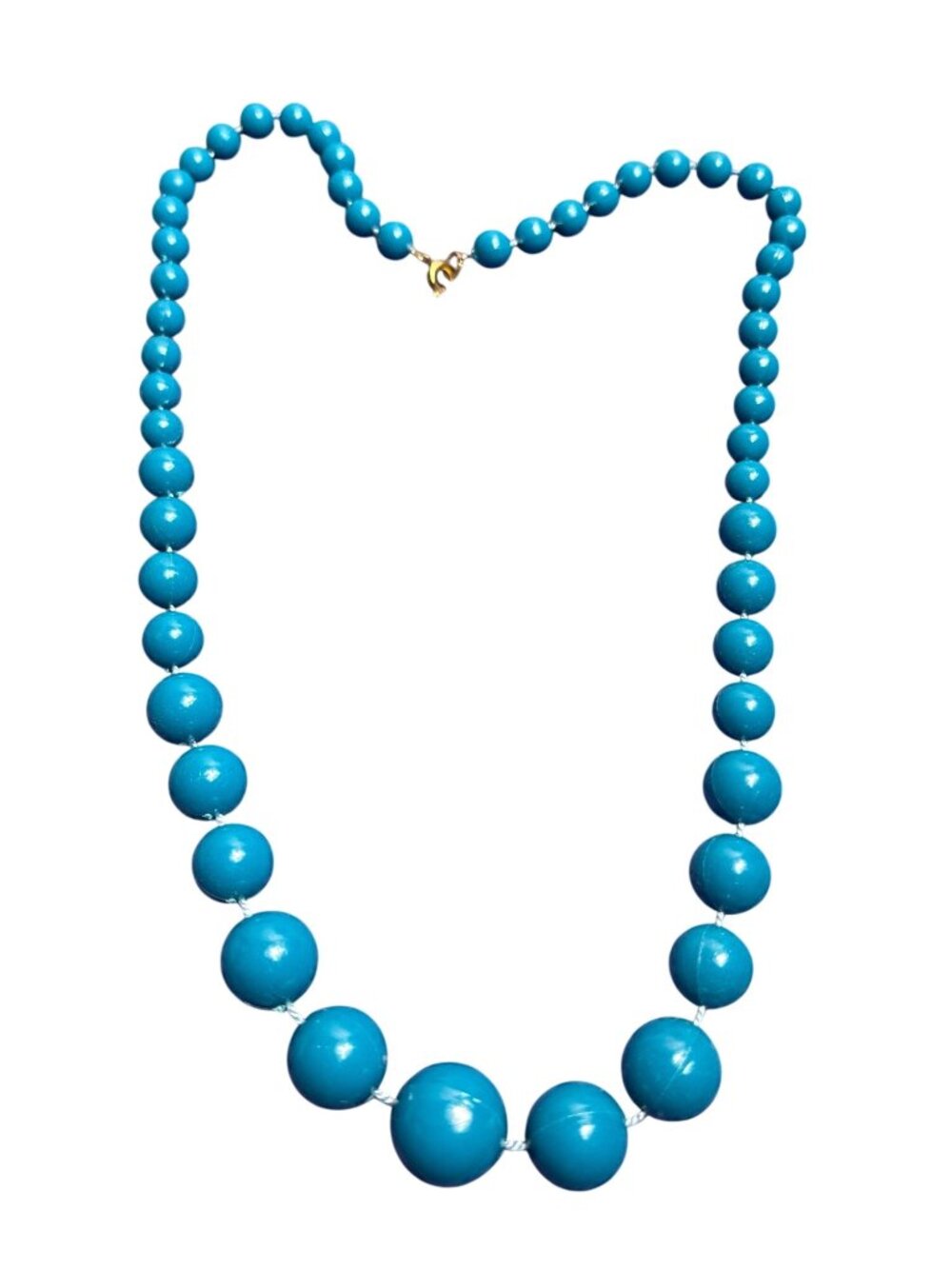 Vintage 80s Graduated Blue Plastic Beaded Necklace Goldtone Spring Ring Clasp